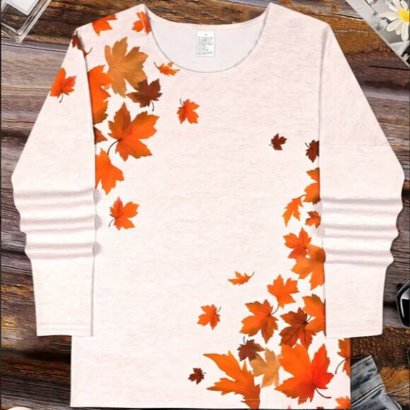Autumn Maple Leaf Print Long Sleeve Round Neck Drop Shoulder T-Shirt Size M NWT - Picture 2 of 3